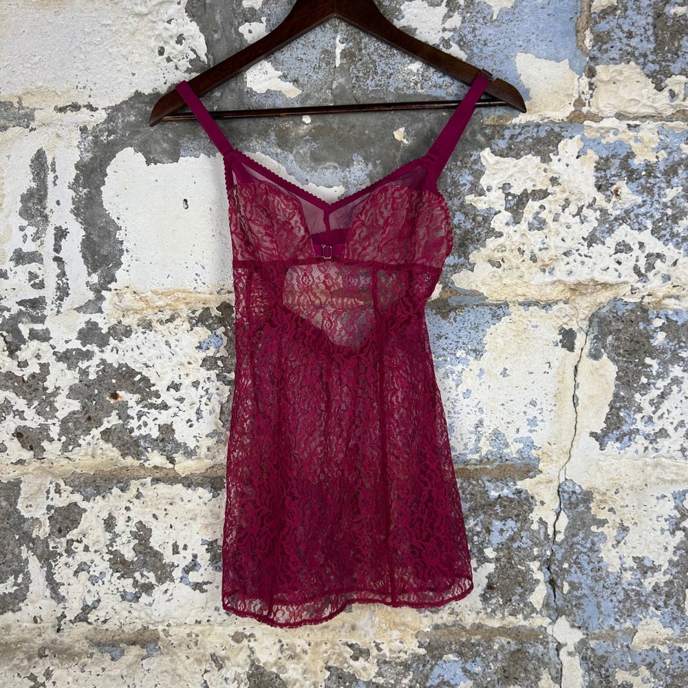 Victoria's Secret Babydoll Womens XS Magenta Sheer Floral Lace Lingerie